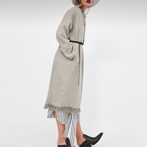 Zara Woman Stripe Wrap Dress Coat Sz Med Belted Linen Fringe Hem Roll Up Sleeves